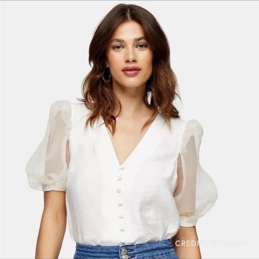 Topshop Sheer Puff-Sleeve V-Neck Blouse in White